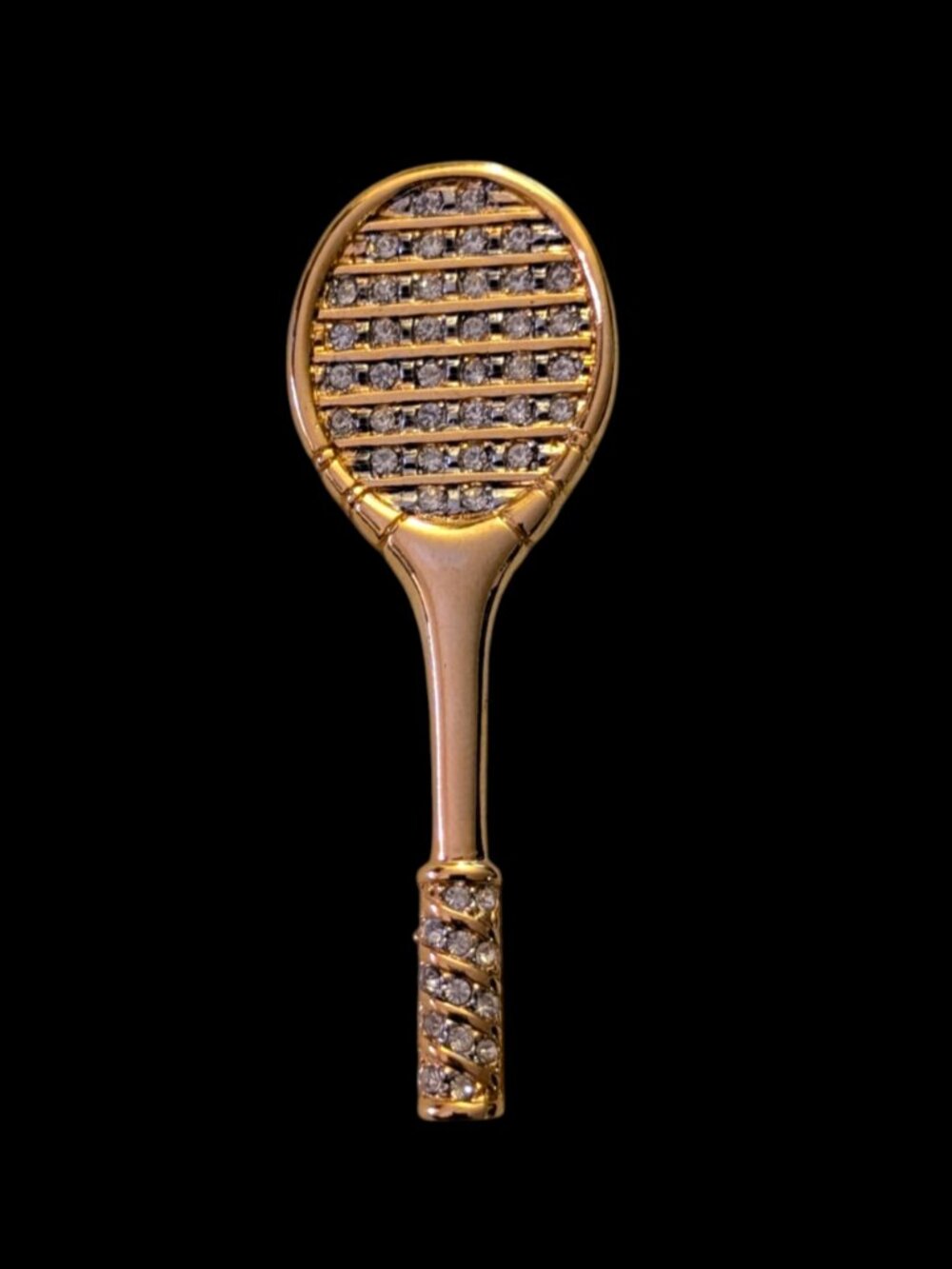 Vintage Gold Tone Pave Crystal 2.5" Tennis Racquet Brooch Pin